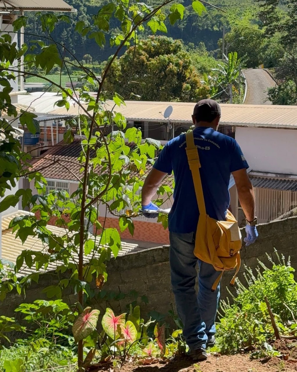Agente de saúde realizando vistoria em área externa de residência durante trabalho preventivo contra a dengue em Ibitirama.
