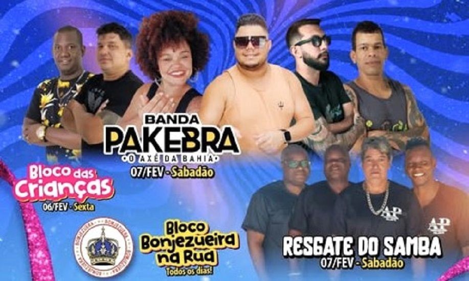 Arte de divulgação do Pré-Carnaval Cultural Carnabonjê 2026 em Bom Jesus do Norte, destacando as atrações Banda Pakebrá, Resgate do Samba, Bloco das Crianças e Bloco Bonjezueira.