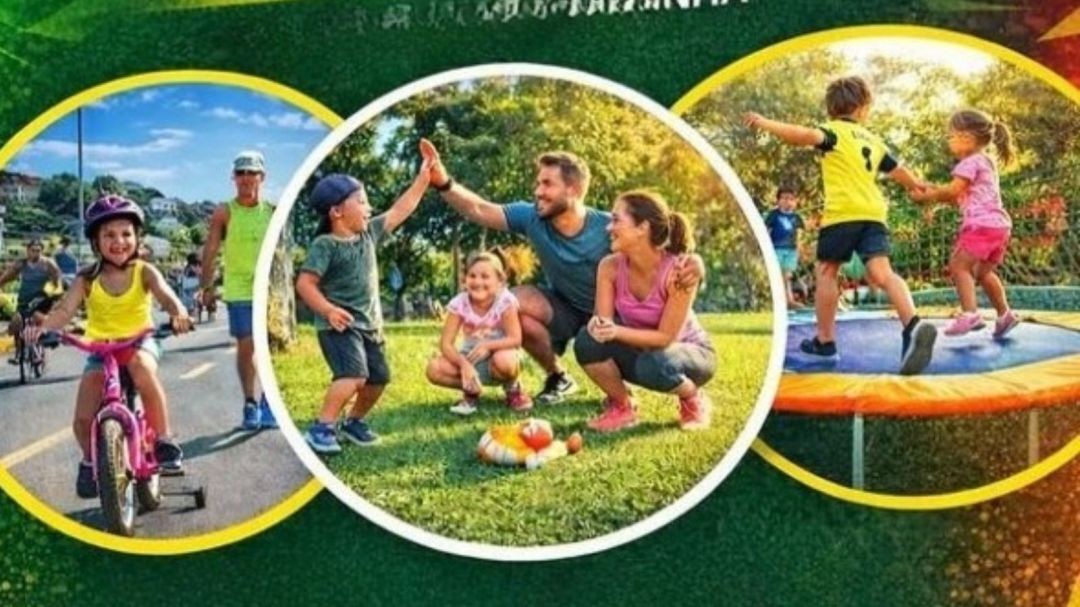 Famílias com crianças participam de atividades recreativas ao ar livre, como bicicleta, brincadeiras e esportes, em um ambiente de lazer e convivência familiar.
