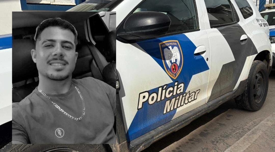 Viatura da Polícia Militar do Espírito Santo estacionada; ao lado, foto em preto e branco de jovem identificado como Daivison da Silva Sigal.