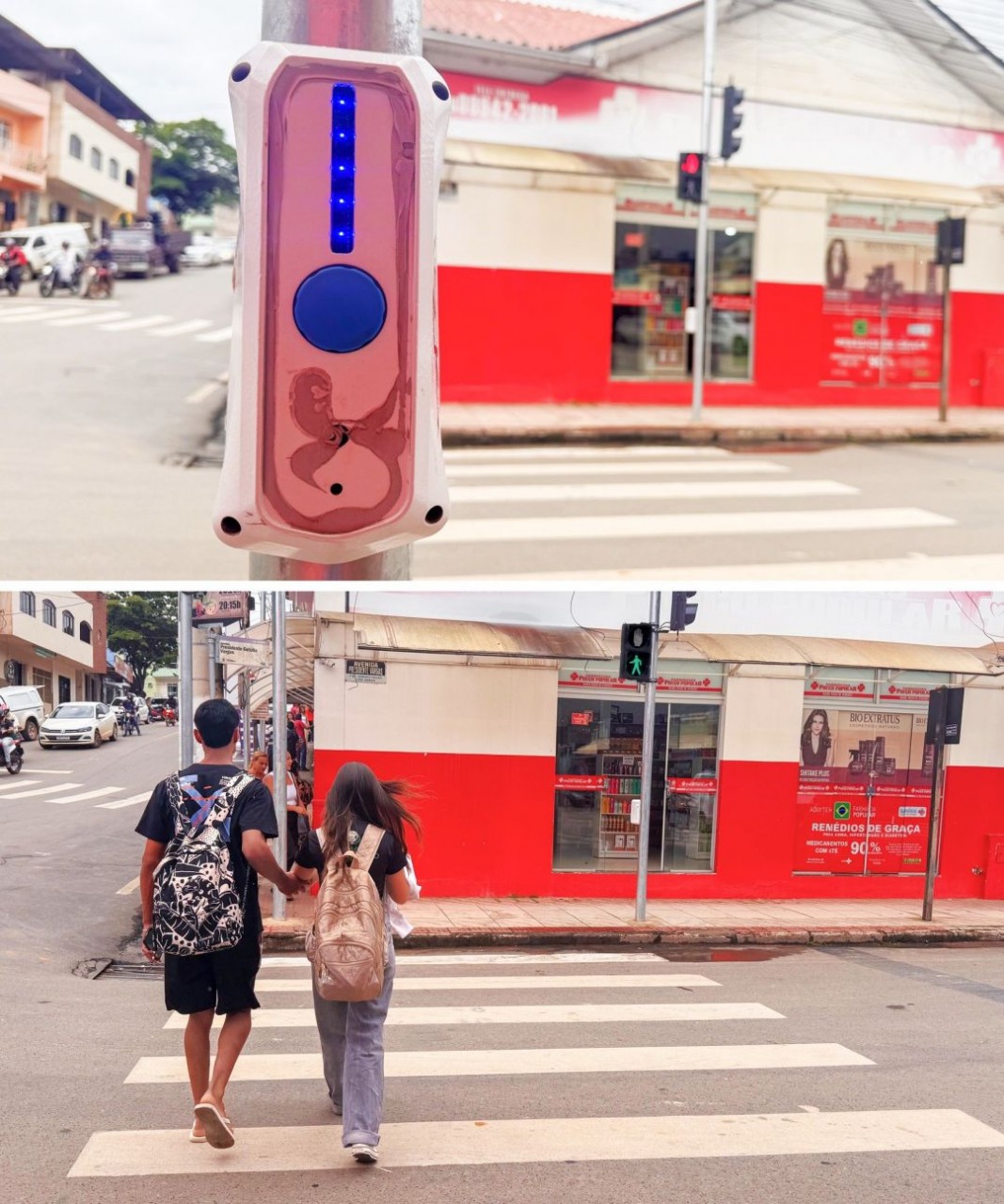 Montagem de fotos mostrando botão equipados com sinal sonoro e aviso em braile, fixado em um poste, tendo ao fundo a rua com faixa de pedestre e um prédio vermelho e branco, além de duas pessoas atravessando na mesma faixa de pedestres, com o mesmo prédio ao fundo.