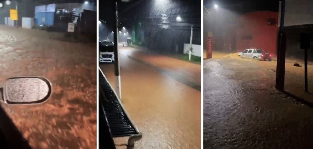 Montagem com imagens de enxurradas intensas e veículo atravessando trecho inundado na região da ES-185.