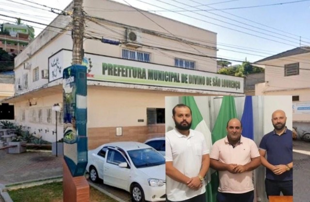 Fachada da Prefeitura Municipal de Divino de São Lourenço. Prefeito Dudu Queiroz, secretário Natan Peixoto e o dentista Gustavo Jorge durante apresentação oficial do novo profissional da saúde.