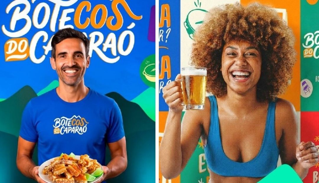 Imagem dividida ao meio. À esquerda, um homem sorridente com a camisa azul do evento segura um prato de torresmo com limão. À direita, uma mulher negra com cabelo afro volumoso sorri alegremente segurando uma caneca de cerveja gelada. O fundo é colorido com elementos gráficos do festival.