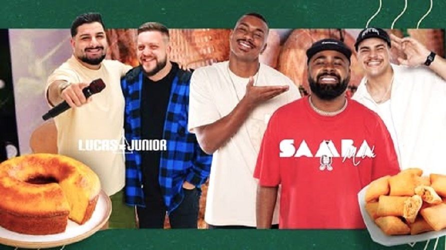 Cartaz da Feira Arte e Sabor com as fotos dos artistas Lucas e Junior (à esquerda) e os integrantes do grupo Samba MLK (ao centro e direita). Nas pontas inferiores, imagens de um bolo caseiro e salgados fritos, sobre um fundo verde texturizado.
