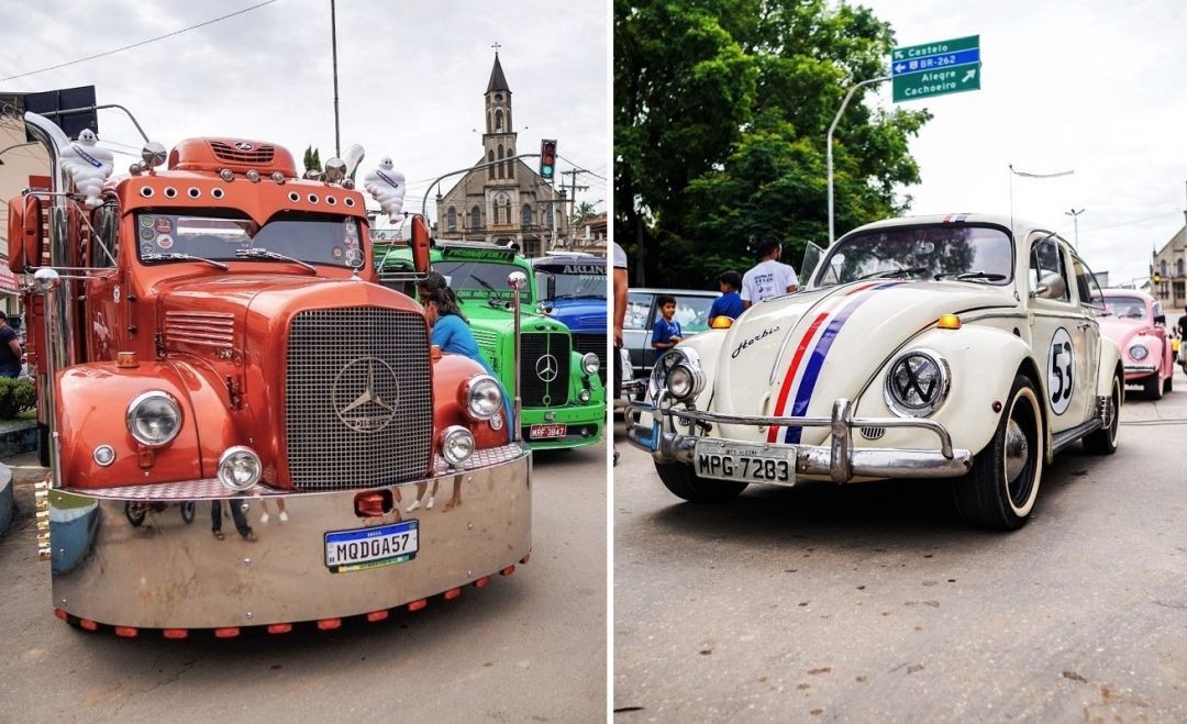 Caminhão antigo restaurado em destaque, durante exposição de veículos clássicos no Encontro de Carros Antigos em Muniz Freire, e Fusca clássico branco com faixa decorativa e número estilizado, durante desfile de veículos antigos no centro de Muniz Freire.