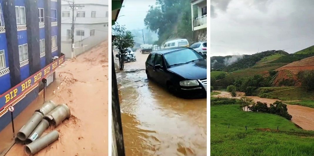 Ruas alagadas e rio com nível elevado em áreas de Muniz Freire após forte temporal que atingiu o município na tarde desta segunda-feira.