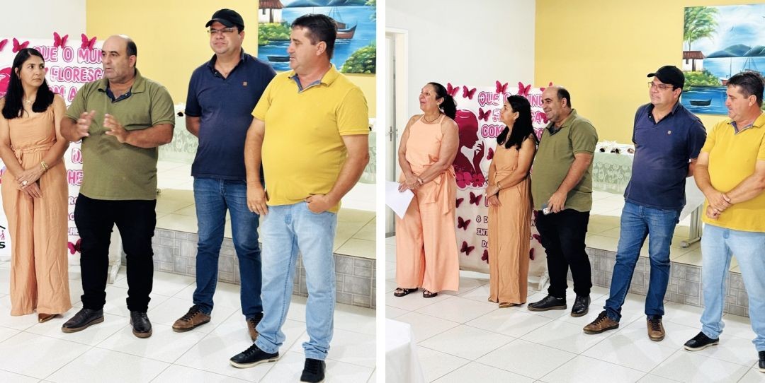 Duas imagens laterais mostrando o prefeito Dudu Queiroz, o vice Ronaldo Borges e o vereador Tico ao lado da primeira-dama Diana Moura. Eles estão em frente a um painel decorativo rosa com borboletas e a frase 