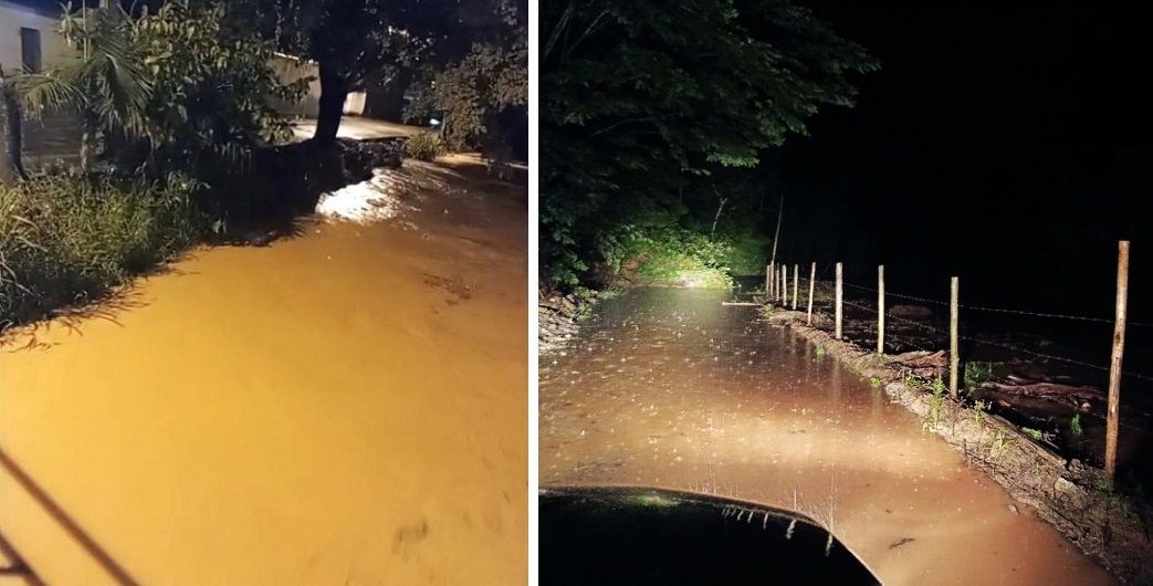 Foto do Córrego Varginha com nível de água elevado, durante o temporal em Muniz Freire nesta quarta (11) e imagem da rodovia ES-181, onde a queda de uma árvore bloqueou temporariamente o acesso à comunidade de Santo Amaro, em Vieira Machado.