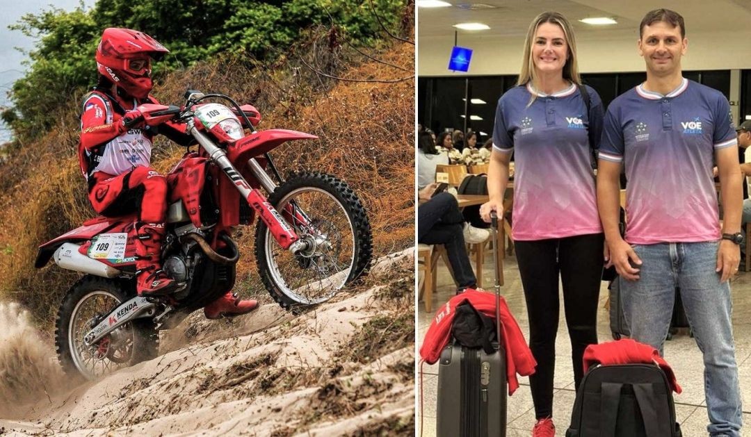 Montagem com duas imagens: à esquerda, Késsia Tristão equipada com capacete e roupa de motocross vermelha, pilotando uma moto off-road em terreno arenoso; à direita, Késsia e um acompanhante no aeroporto, vestindo a camisa do programa 