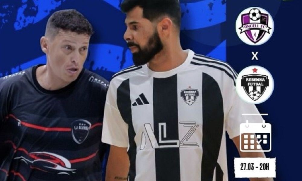Arte de divulgação da final da Copa Help de Futsal mostrando dois atletas e os escudos das equipes Oncell e Resenha, com data e horário do jogo: 27 de março, às 20h.