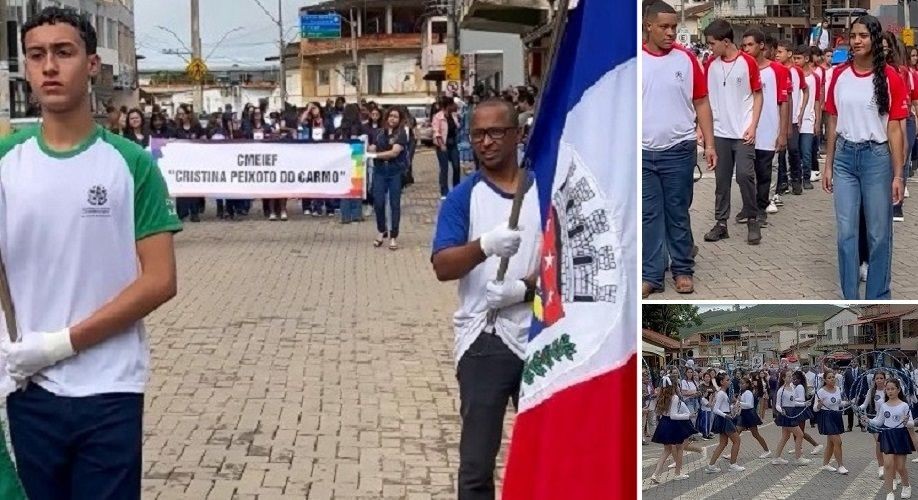 Estudantes uniformizados participam de desfile cívico em rua da cidade, com faixa de escola ao fundo e integrantes de banda marcial durante a marcha. Em outras imagens, grupos de alunos caminham organizados e atravessam faixa de pedestres durante o evento.