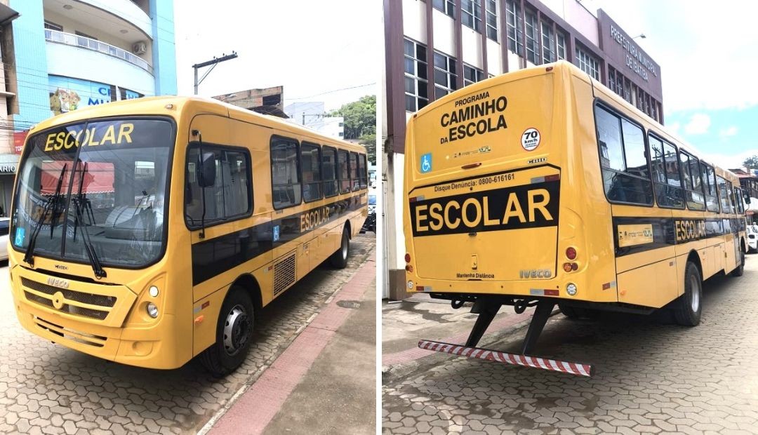 Colagem de duas fotos externas de um ônibus escolar amarelo. À esquerda, a frente do veículo da marca Iveco com o letreiro 
