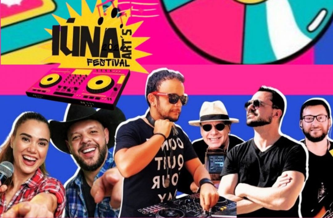 Cartaz promocional do Iúna Art's Festival 2026. Ao fundo, elementos gráficos coloridos em rosa, azul e amarelo com desenhos de discos e mesa de som. No centro, fotos de seis artistas: uma mulher sorrindo com microfone, um homem de chapéu de cowboy, um DJ em sua mesa de som, e três homens (um de chapéu e dois de óculos escuros). No topo à esquerda, o logotipo do festival em letras pretas sobre um fundo amarelo em formato de explosão.