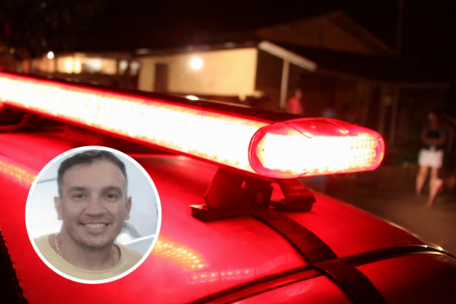 Viatura policial com giroflex ligado durante atendimento de homicídio em Ibatiba, com destaque para foto da vítima Célio Cabral.