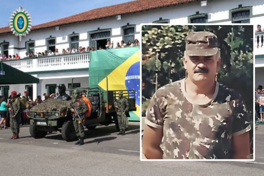 Militares do Exército em cerimônia e retrato do Sargento Santiago, homenageado após sua morte em Vila Velha