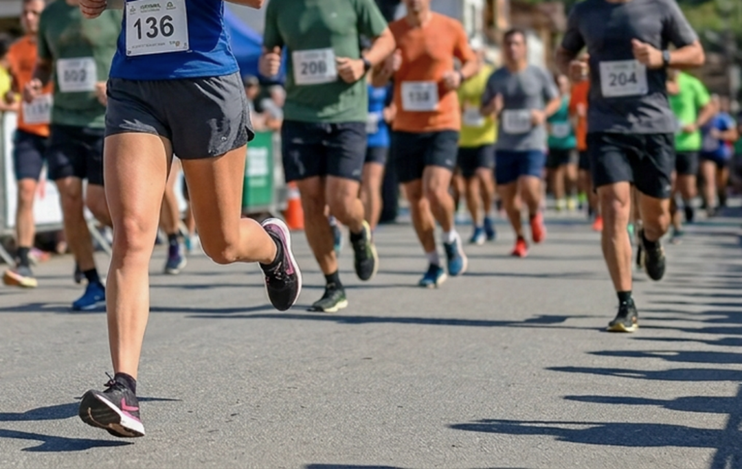 Uma fotografia colorida de nível de solo de uma corrida de rua com corredores vestindo camisetas de várias cores e shorts escuros, aparecendo mais as pernas, com suas sombras no asfalto.