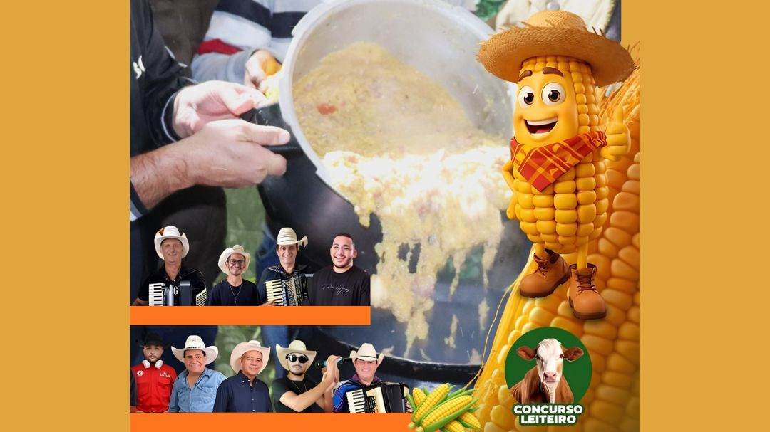 Peça gráfica da Festa do Milho de Mundo Novo. Ao centro, em destaque, uma grande panela sendo manuseada, de onde despeja-se o preparo da 