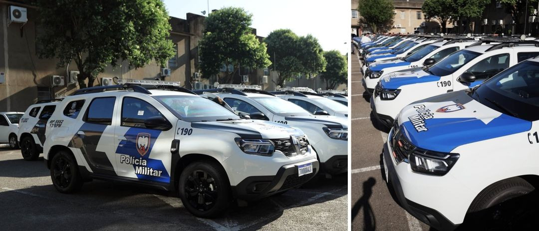 Composição de fotos mostrando o pátio do quartel repleto de novas viaturas Renault Duster brancas e azuis, alinhadas para entrega, destacando a escala da renovação da frota.