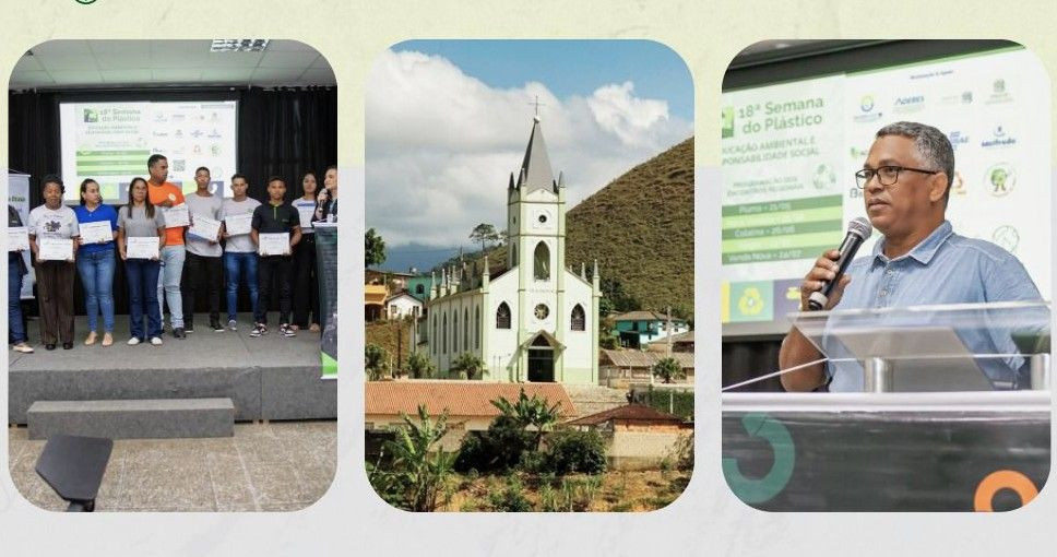 Montagem com três imagens: à esquerda, participantes recebem certificados durante evento da Semana do Plástico; ao centro, vista da igreja no distrito de Patrimônio da Penha, em Divino de São Lourenço; à direita, palestrante fala ao microfone em apresentação sobre sustentabilidade e plástico.