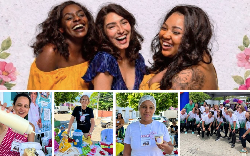 Montagem com imagens da Feira da Mulher Empreendedora de Guaçuí. Na parte superior, três mulheres sorrindo. Na parte inferior, expositoras apresentam produtos artesanais e alimentícios durante edições anteriores da feira, além de uma foto em grupo de participantes do evento na Praça João Acacinho.