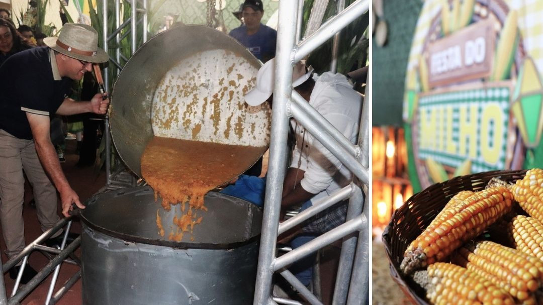 Imagem composta mostrando, à esquerda, dois homens manuseando um grande caldeirão metálico para despejar um caldo espesso (Pela Égua) em outro recipiente. À direita, um cesto de vime cheio de espigas de milho maduras em primeiro plano, com a logo da Festa do Milho ao fundo, fora de foco.