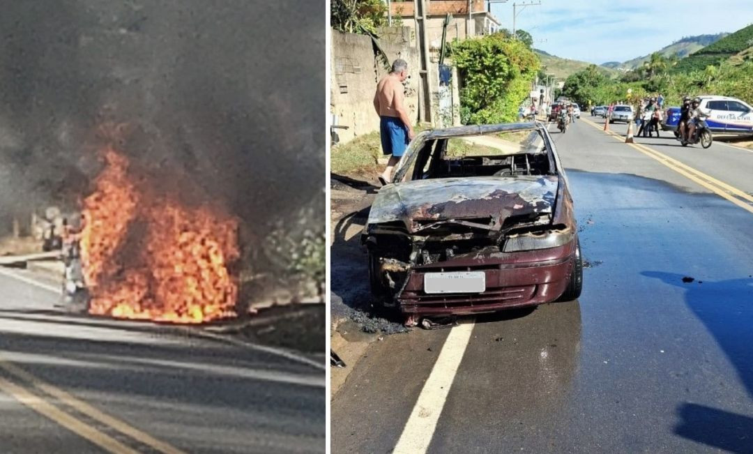 Veículo Fiat Siena tomado pelas chamas às margens da Rodovia ES-181, em Muniz Freire, durante incêndio registrado na comunidade de Santa Bárbara e, depois, o veículo, após incêndio apagado com atuação de equipes da Defesa Civil e interdição parcial da rodovia.