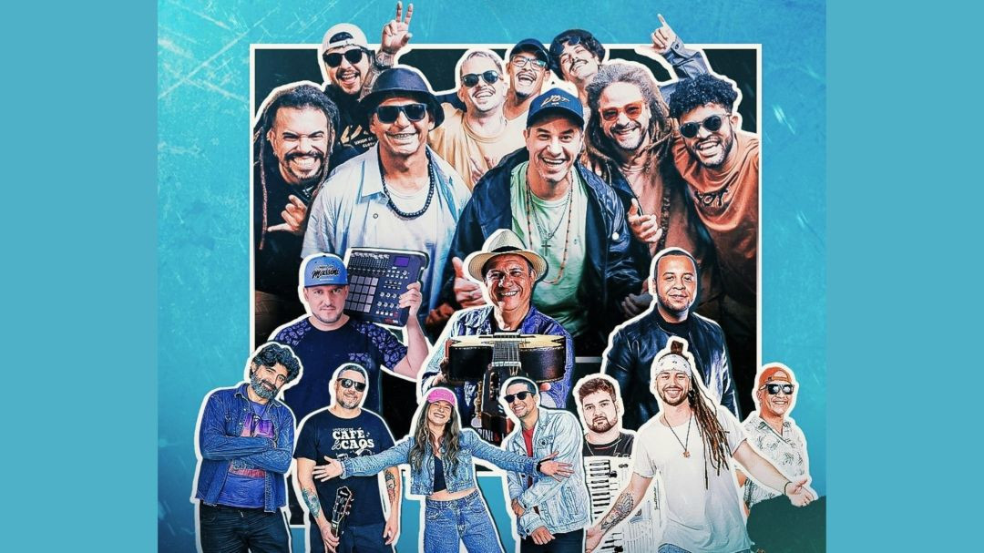Montagem fotográfica com diversos músicos e artistas brasileiros que se apresentarão no Festival de Inverno de Alegre, dispostos sobre um fundo azul com grafismos.