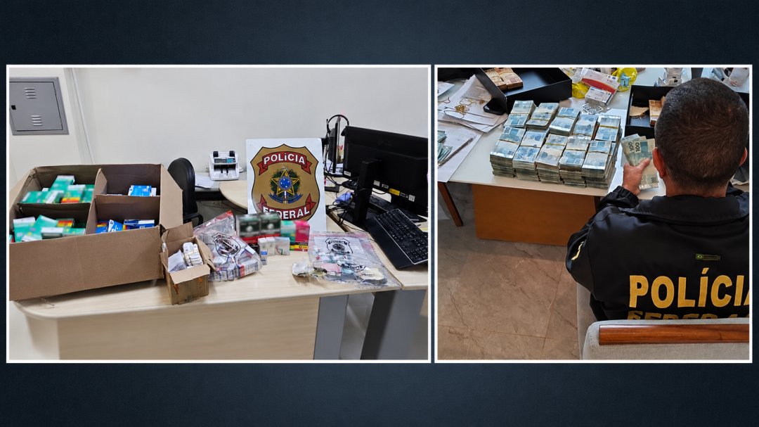 Mesa com medicamentos, caixas de substâncias anabolizantes, dinheiro apreendido e identificação da Polícia Federal durante operação no Sul do Espírito Santo.