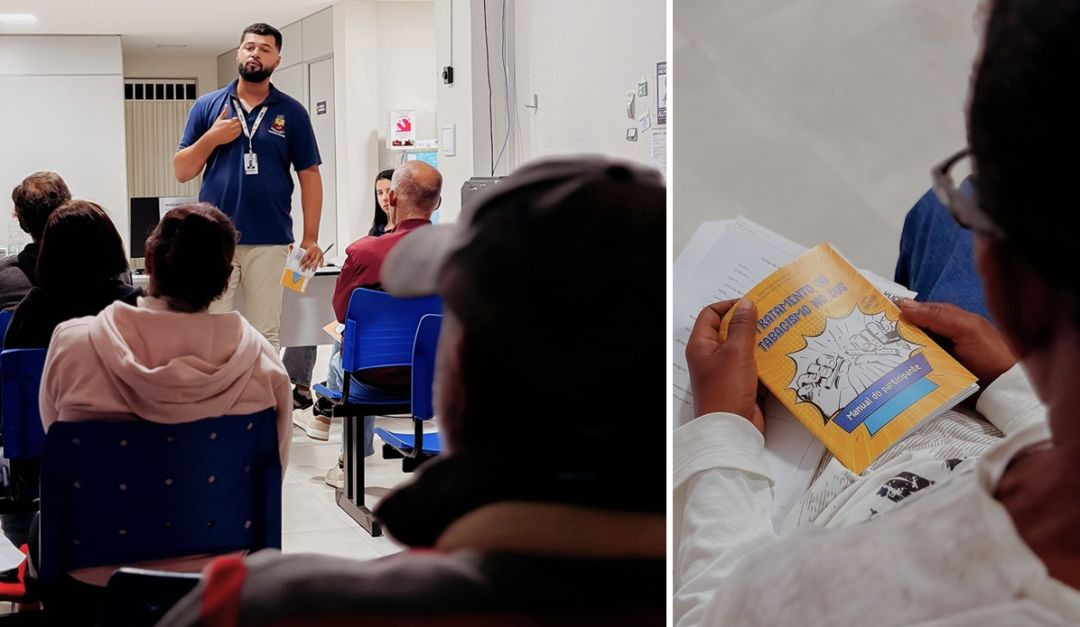 Montagem com duas fotos: à esquerda, um profissional de saúde em pé palestra para um grupo de pessoas sentadas em uma sala; à direita, um detalhe em primeiro plano mostra as mãos de um participante segurando o 