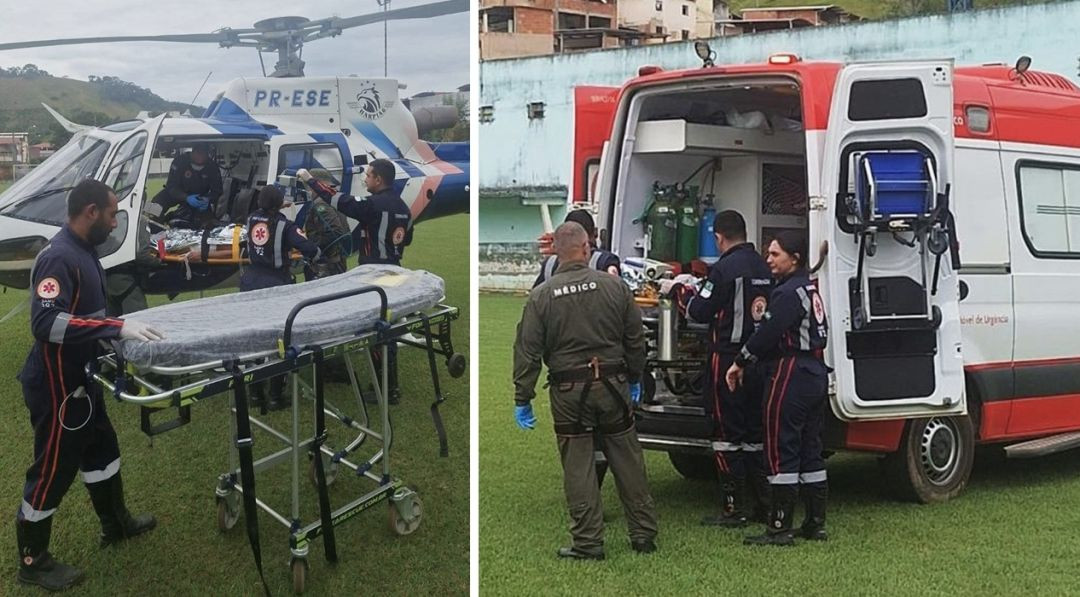 Foto composta mostrando, em um ângulo, profissionais do Samu e do Notaer próximos a um helicóptero branco e azul (prefixo PR-ESE) preparando uma maca. Em outro ângulo, a parte traseira de uma ambulância do Samu aberta com equipamentos médicos e a equipe atuando no gramado do campo de futebol.
