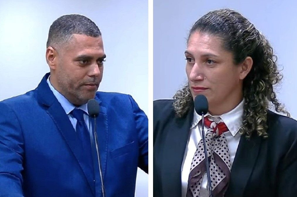 Duas imagens horizontais combinadas mostrando, à esquerda, o vereador Sidimar Souza da Silva que veste terno azul, camisa clara e gravata escura, falando ao microfone enquanto olha para o lado. À direita, a vereadora Marli Tiengo do Carmo Faria usa terno escuro, camisa branca e um lenço estampado no pescoço, também discursando em frente ao microfone.