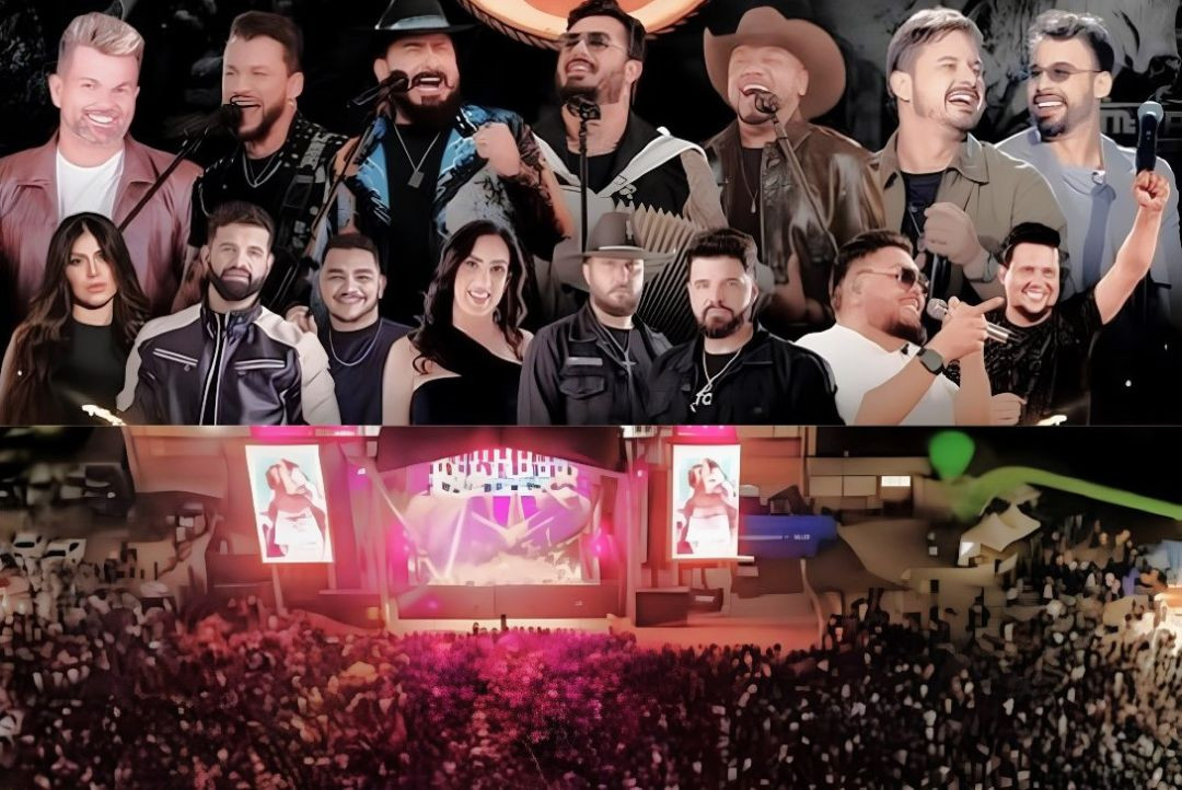 Cartaz digital dividido em duas partes horizontais sobre a 30ª Expo Agro de Jerônimo Monteiro. A metade superior traz uma montagem com as fotos de doze artistas que compõem a grade musical do evento, vestindo trajes casuais e chapéus no estilo country, sorrindo e segurando microfones. A metade inferior mostra uma fotografia noturna de um grande público aglomerado em frente ao palco iluminado por refletores de luz rosa e branca, com duas grandes telas verticais nas laterais exibindo imagens das apresentações.