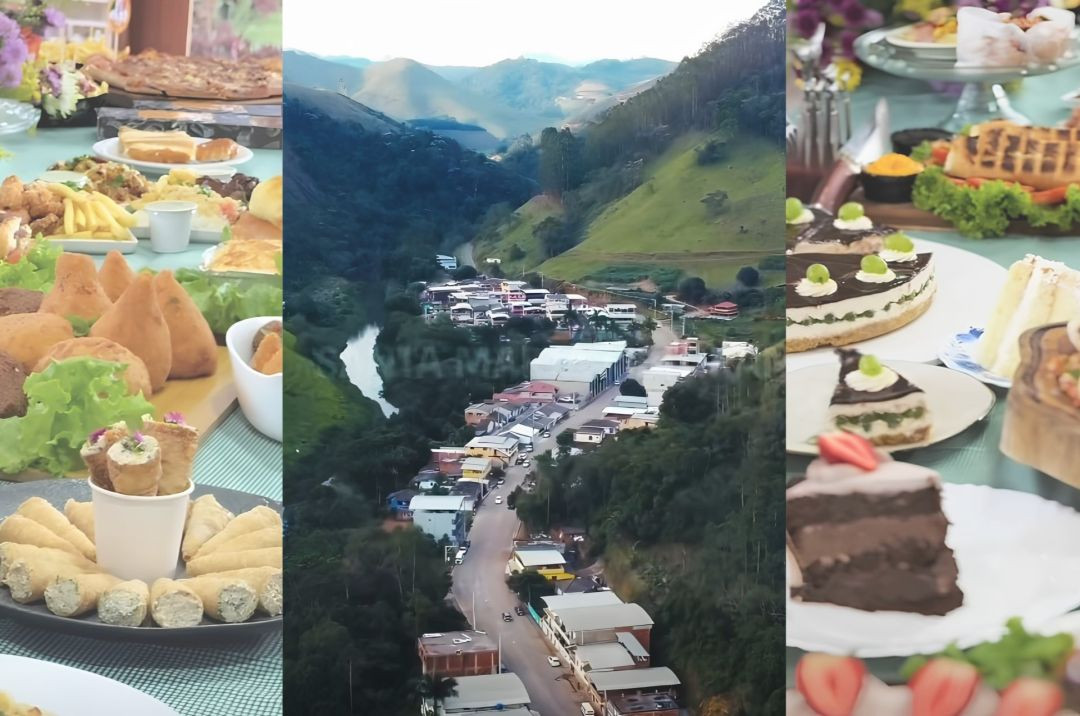 Colagem de três imagens verticais. A imagem da esquerda mostra uma mesa farta com salgados diversos, como coxinas e canudinhos recheados, além de batatas fritas ao fundo. A imagem central traz uma vista aérea do distrito de Santa Marta, em Ibitirama, destacando uma rua central pavimentada e morros verdes ao fundo sob um céu claro. A imagem da direita exibe fatias de bolos e tortas decoradas com morangos e uvas sobre uma mesa de doces.