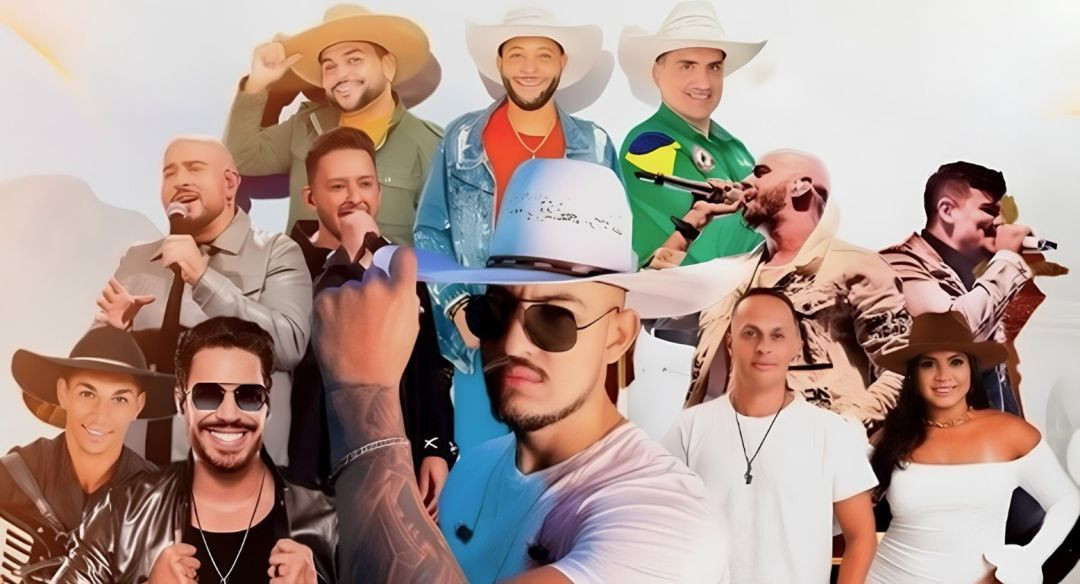 Cartaz de divulgação do festival apresentando uma montagem fotográfica com os rostos e bustos de onze artistas homens e uma mulher que compõem a grade musical do evento. No centro do primeiro plano, destaca-se um homem usando chapéu de cowboy branco com detalhes pretos e óculos de sol escuros. Ao redor dele, os demais integrantes sorriem e posam para a foto