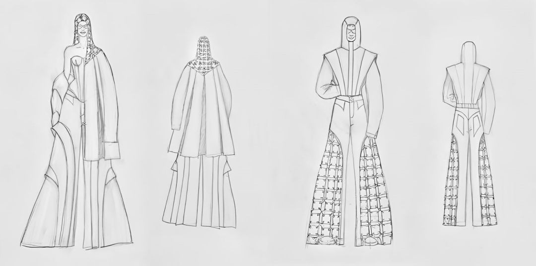 Painel horizontal composto por duas imagens, de desenhos técnicos de moda feitos à lápis (croquis). O desenho da esquerda mostra um casaco longo sobreposto a um espartilho; o da direita mostra um conjunto de calça e jaqueta com capuz e texturas geométricas nas pernas.