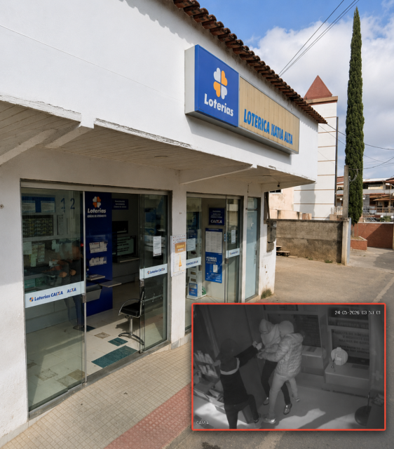 Fachada de casa lotérica no Centro de Ibitirama e imagem de câmera de segurança mostrando suspeitos tentando arrombar o estabelecimento durante a madrugada.