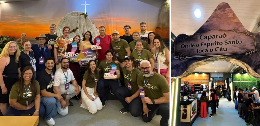 Fotomontagem com duas imagens. À esquerda, um grupo de cerca de 20 pessoas posando para foto em um estande na Feira dos Municípios. A maioria veste camisas verdes com a inscrição 