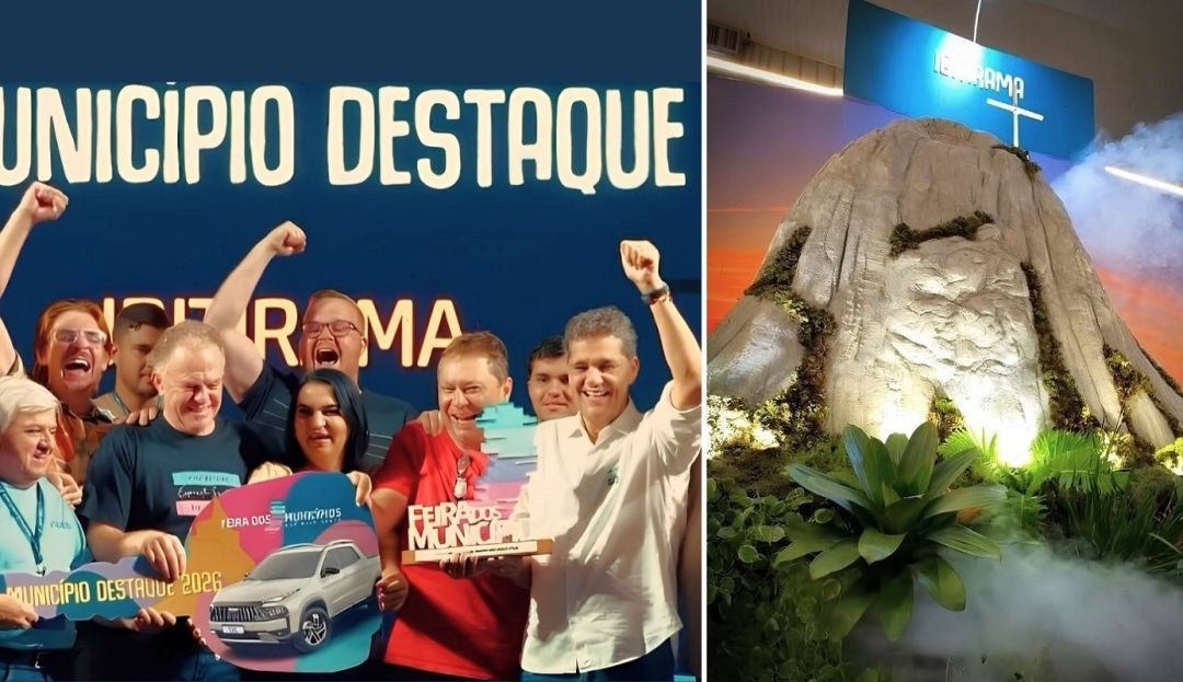 Fotomontagem, tendo à esquerda, um grupo de homens e mulheres celebrando no palco. Ao fundo, um telão azul exibe o texto em branco 