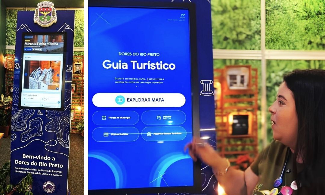 À esquerda, detalhe de um totem digital vertical azul escuro com a inscrição 