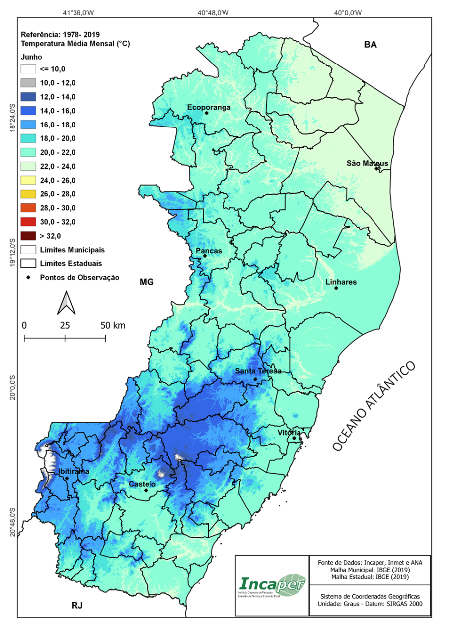 Mapa do estado do Espírito Santo dividido por municípios, gerado pelo Incaper, mostrando a previsão da temperatura média mensal para o mês de junho. O mapa utiliza uma escala de cores que vai do azul escuro (temperaturas mais frias, entre 12°C e 14°C, localizadas na região Serrana e Sul, próximo a Castelo e Ibitirama) até o verde-claro (temperaturas mais quentes, entre 22°C e 24°C, localizadas no Norte e Noroeste, próximo a Ecoporanga e São Mateus). A maior parte do mapa apresenta tons de azul e verde claro, indicando o predomínio de temperaturas amenas a quentes no estado. No canto superior esquerdo há uma legenda com os valores em graus Celsius e no canto inferior direito constam as logomarcas do Incaper e informações cartográficas.