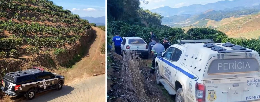 Imagem dividida em duas partes mostrando a ação policial. Na esquerda, uma viatura da Polícia Civil do Espírito Santo está estacionada em uma estrada de terra sinuosa ao lado de uma lavoura de café em relevo montanhoso. Na direita, policiais militares e peritos estão ao redor do Volkswagen Gol branco recuperado, que está parado em meio aos pés de café. No primeiro plano à direita, destaca-se a traseira de uma caminhonete da Polícia Científica (Perícia) com o prefixo PCI-075.