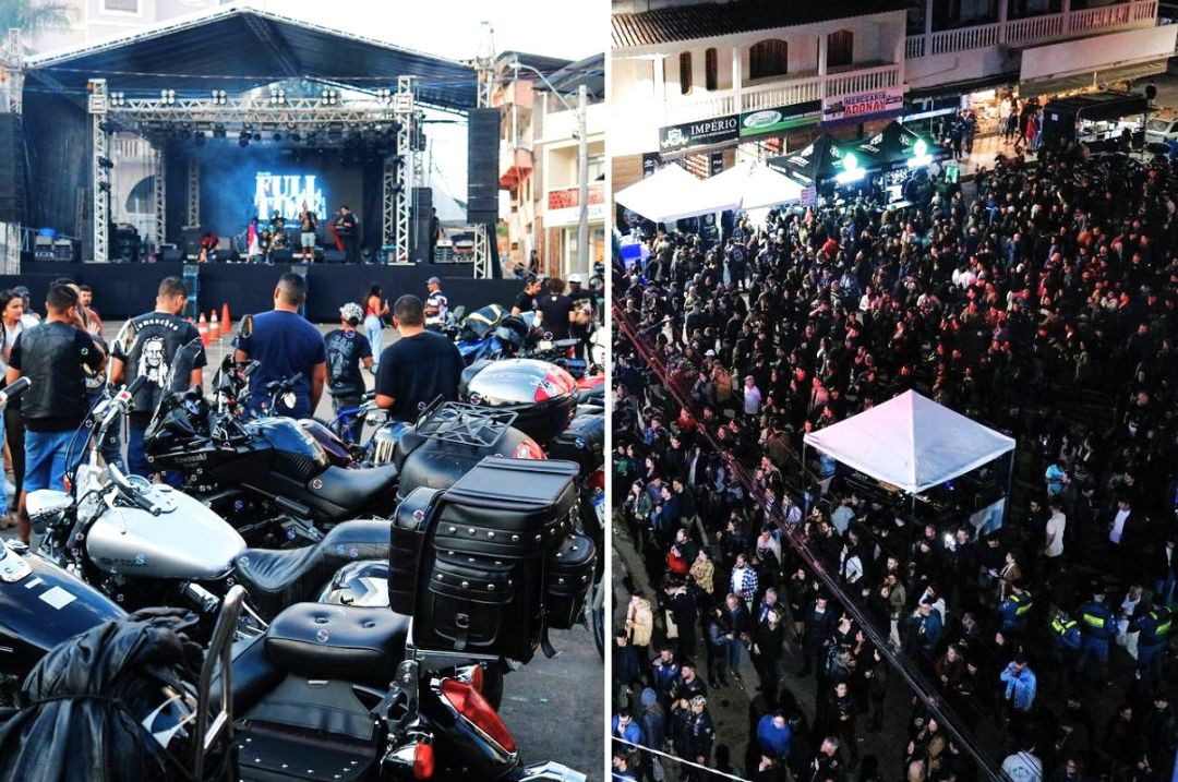 Montagem com duas imagens do evento de motociclismo. À esquerda, visão ao nível do chão de motocicletas de alta cilindrada estacionadas em fileira em frente a um grande palco com iluminação e a inscrição 