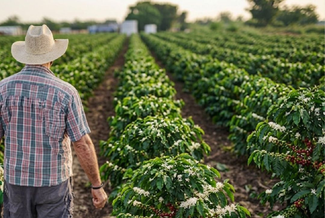 Homem visto de costas, vestindo camisa xadrez em tons de azul e vermelho e chapéu de palha estilo caubói. Ele caminha por uma plantação linear e organizada de café. Os cafeeiros estão verdes, carregados de flores brancas e pequenos frutos em fase de maturação em tons de verde e vermelho. O solo entre as fileiras é de terra escura. Ao fundo, a plantação se estende sob a luz suave do dia.