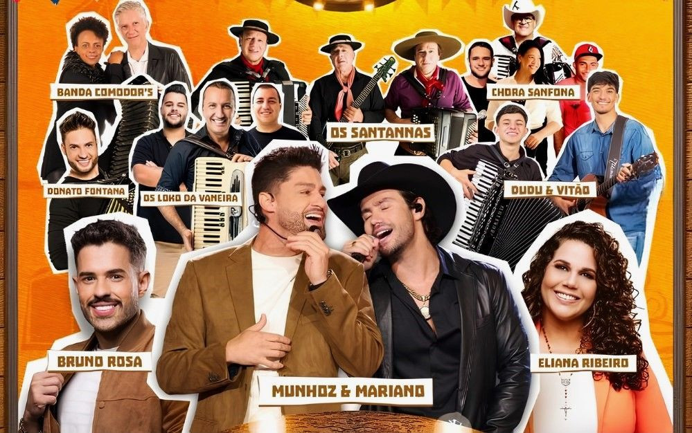 Cartaz digital de divulgação de evento festivo com fundo texturizado em tons de amarelo e laranja. No topo e no centro, recortes de fotos de diversos artistas que integram a programação musical. Em destaque, no centro inferior, os cantores da dupla sertaneja Munhoz e Mariano sorriem e seguram microfones. À esquerda inferior, o cantor Bruno Rosa sorri vestindo jaqueta marrom. À direita inferior, a cantora Eliana Ribeiro sorri com cabelos cacheados. Acima deles, outros artistas aparecem segurando sanfonas e violões. Cada imagem possui uma etiqueta branca com o nome da atração em letras estilizadas na cor marrom, incluindo os nomes: Banda Comodor's, Donato Fontana, Os Loko da Vaneira, Os Santannas, Chora Sanfona, Dudu & Vitão, Bruno Rosa, Munhoz & Mariano e Eliana Ribeiro.