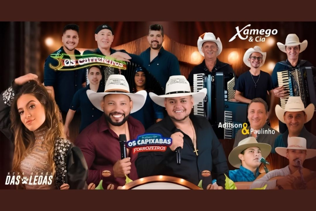 Cartaz de divulgação dos shows da Festa do Cerro e Mostra de Cafés Especiais. Em um fundo marrom com iluminação de palco ao fundo, estão reunidas as fotos dos artistas que se apresentarão no evento. À esquerda, em destaque, uma mulher jovem de cabelos longos e castanhos vestindo jaqueta preta brilhante com o letreiro 