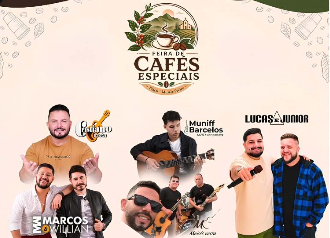 Cartaz de fundo claro com ilustrações sutis de grãos e xícaras de café em tons de marrom. No topo, a logomarca circular mostra montanhas, plantações e uma xícara de café quente com os dizeres 
