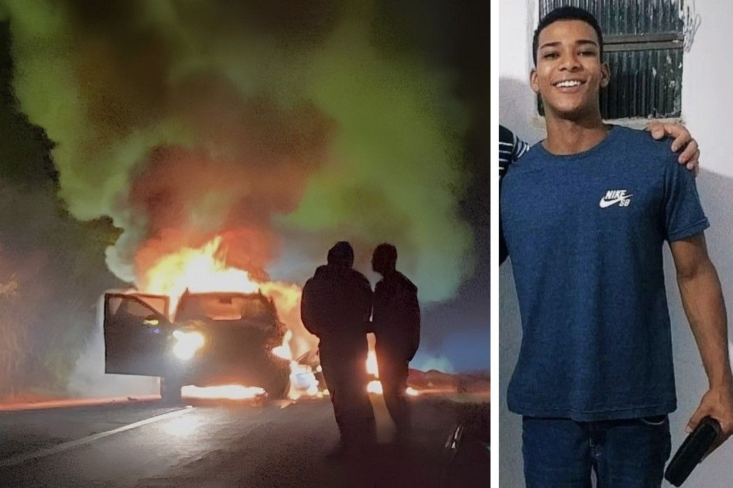 Imagem dividida em duas partes. Do lado esquerdo, silhuetas de dois profissionais de resgate observam uma caminhonete consumida por chamas altas e fumaça escura na rodovia durante a noite. Do lado direito, foto de identificação do jovem Guliver Ferreira Felício, sorrindo e vestindo uma camiseta azul.