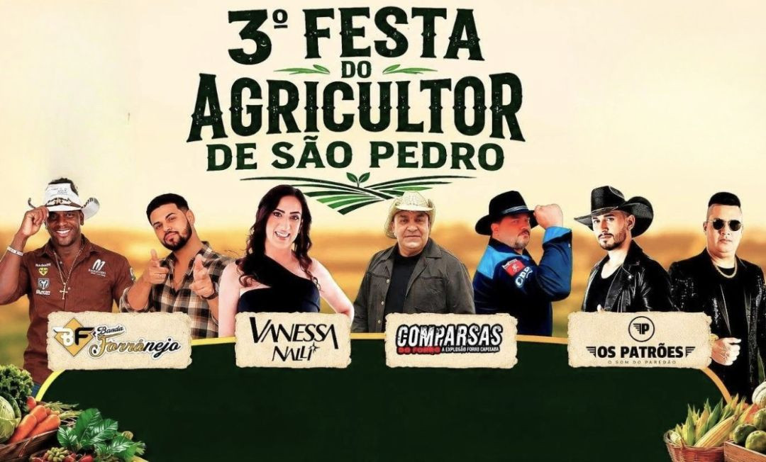 Cartaz de divulgação da 3ª Festa do Agricultor de São Pedro, em Muniz Freire. O título está no topo, em letras verdes e brancas, sobre um fundo texturizado em tons claros. Abaixo, fotos e nomes dos artistas que se apresentarão: Forró Nejo, Vanessa Nalli, Comparsas do Forró e Os Patrões. No rodapé, ilustrações de produtos agrícolas como cenouras e milho, sobre uma faixa verde escura, reforçando o tema do evento.