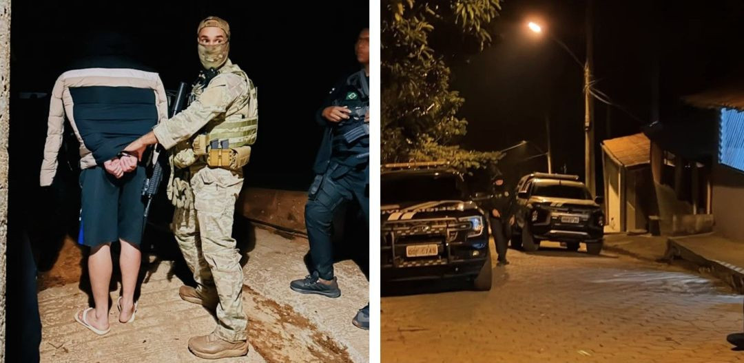 À esquerda, um policial militar com traje camuflado conduz um suspeito algemado de costas durante a noite. À direita, viaturas da Polícia Civil estacionadas em uma rua residencial iluminada por um poste de luz pública.